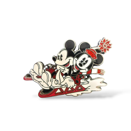 Disney Parks Pie Eyed Minnie and Mickey on Sled Pin