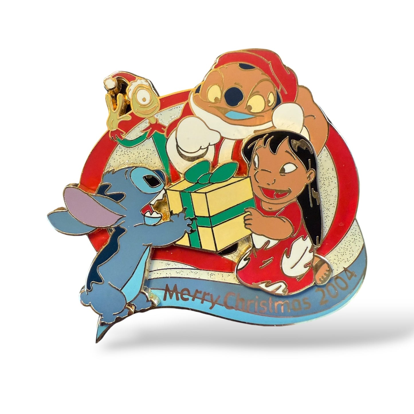 JDS Christmas 2004 Lilo, Stitch, Jumbaa, and Pleakley Giving a Present Pin