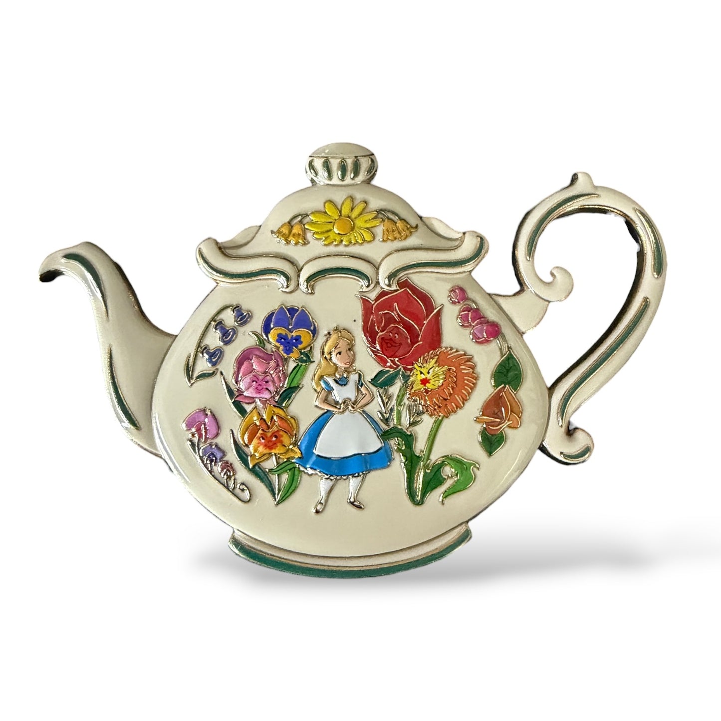 DEC Alice in Wonderland Teapots Alice and the Talking Flowers Pin