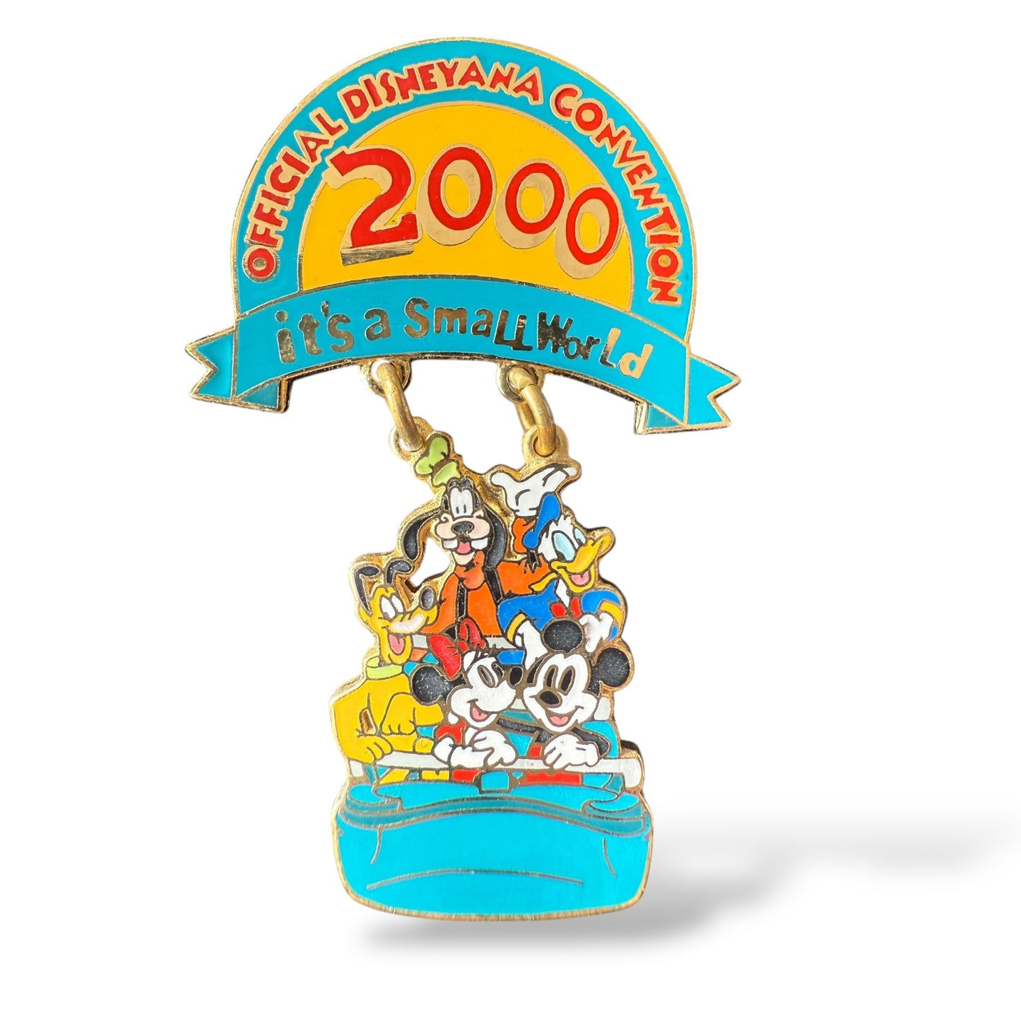 Disney Parks Disneyana Convention 2000 It's a Small World Mickey, Minnie, Goofy, Donald Duck, and Pluto Dangle Pin