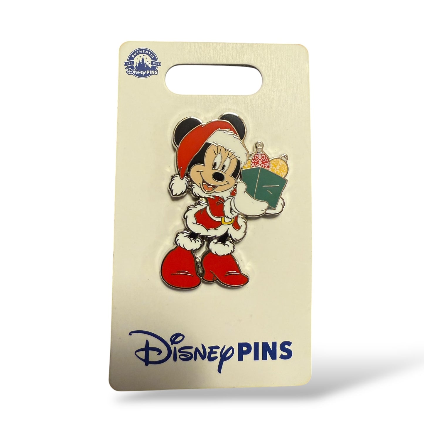 Disney Parks Christmas 2024 Santa Minnie Holding Box of Tree Ornaments Pin