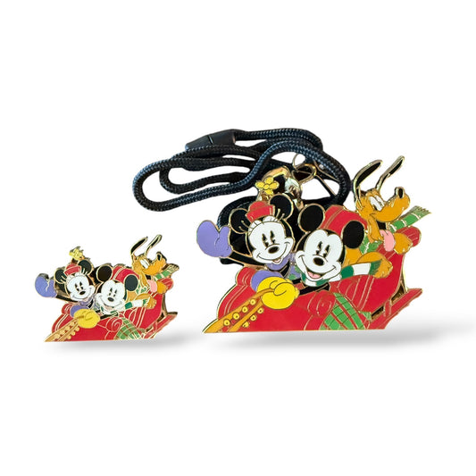 DEC Mickey, Minnie, and Pluto Sledding Family Holiday Party Bolo Lanyard and Pin Set