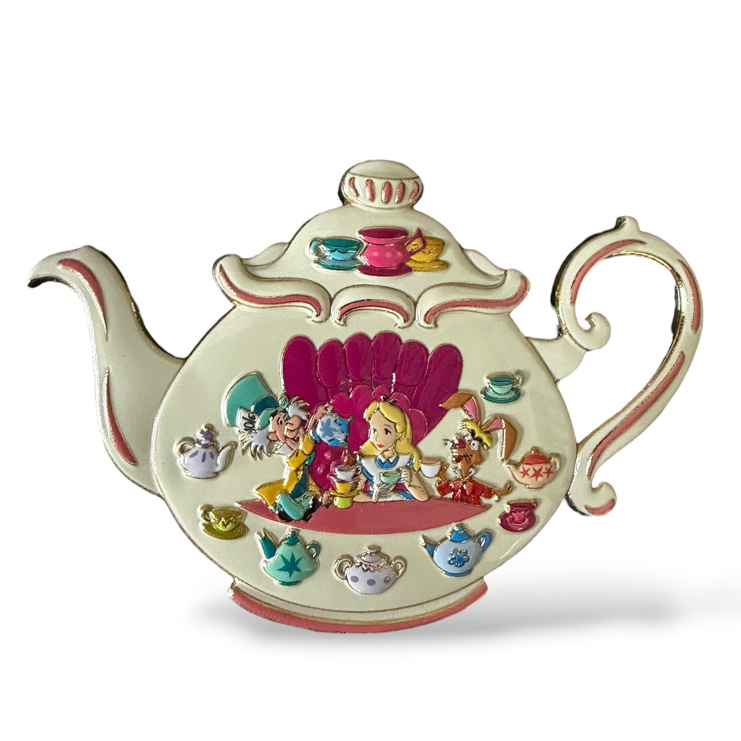 DEC Alice in Wonderland Teapots Alice with the Mad Hatter and March Hare Pin