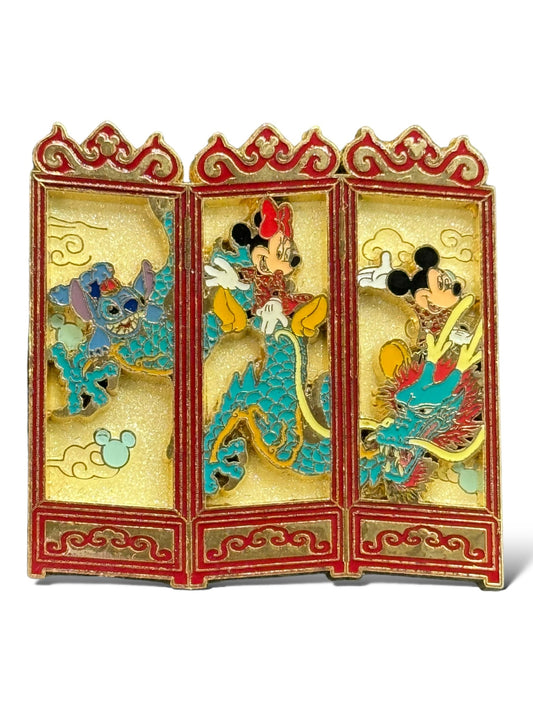 HKDL Mickey, Minnie, and Stitch Riding Dragonon Folding Screen Pin