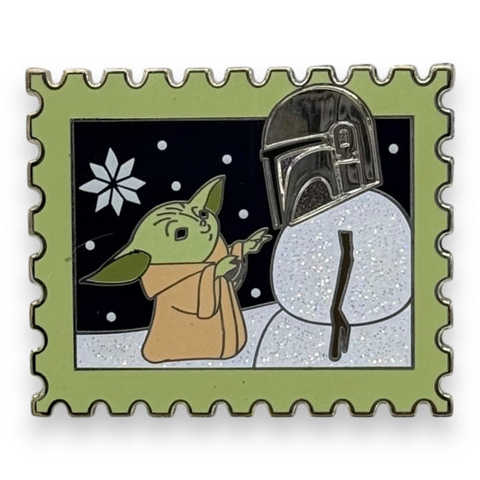 WDW Holiday Postage Stamp Grogu and Mandalorian Snowman Pin