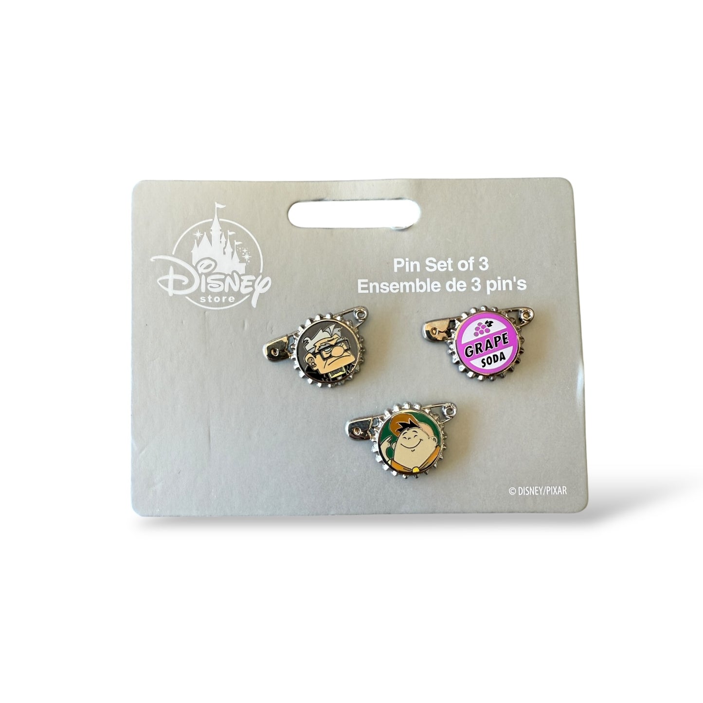 Disney Store Pixar's Up Carl, Russel, and Grape Soda Bottle Cap Pin Set
