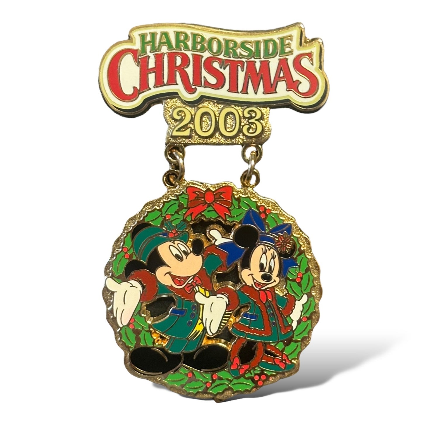 TDR Harborside Christmas 2003 Mickey & Minnie Mouse Wreath Dangle Pin